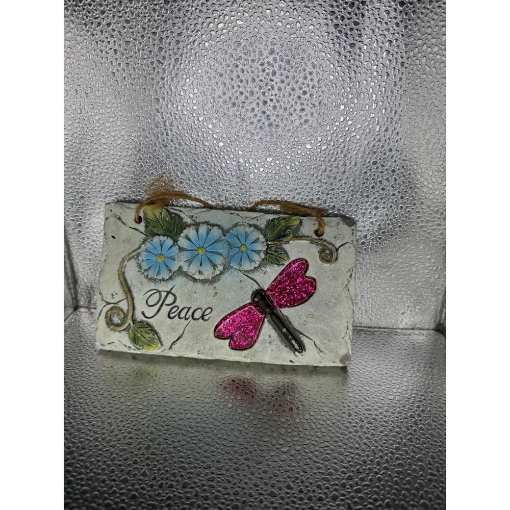 Peace Stone Look Wall Plaque Pink Glitter Dragonfly Blue Flowers Garden Sign 8in